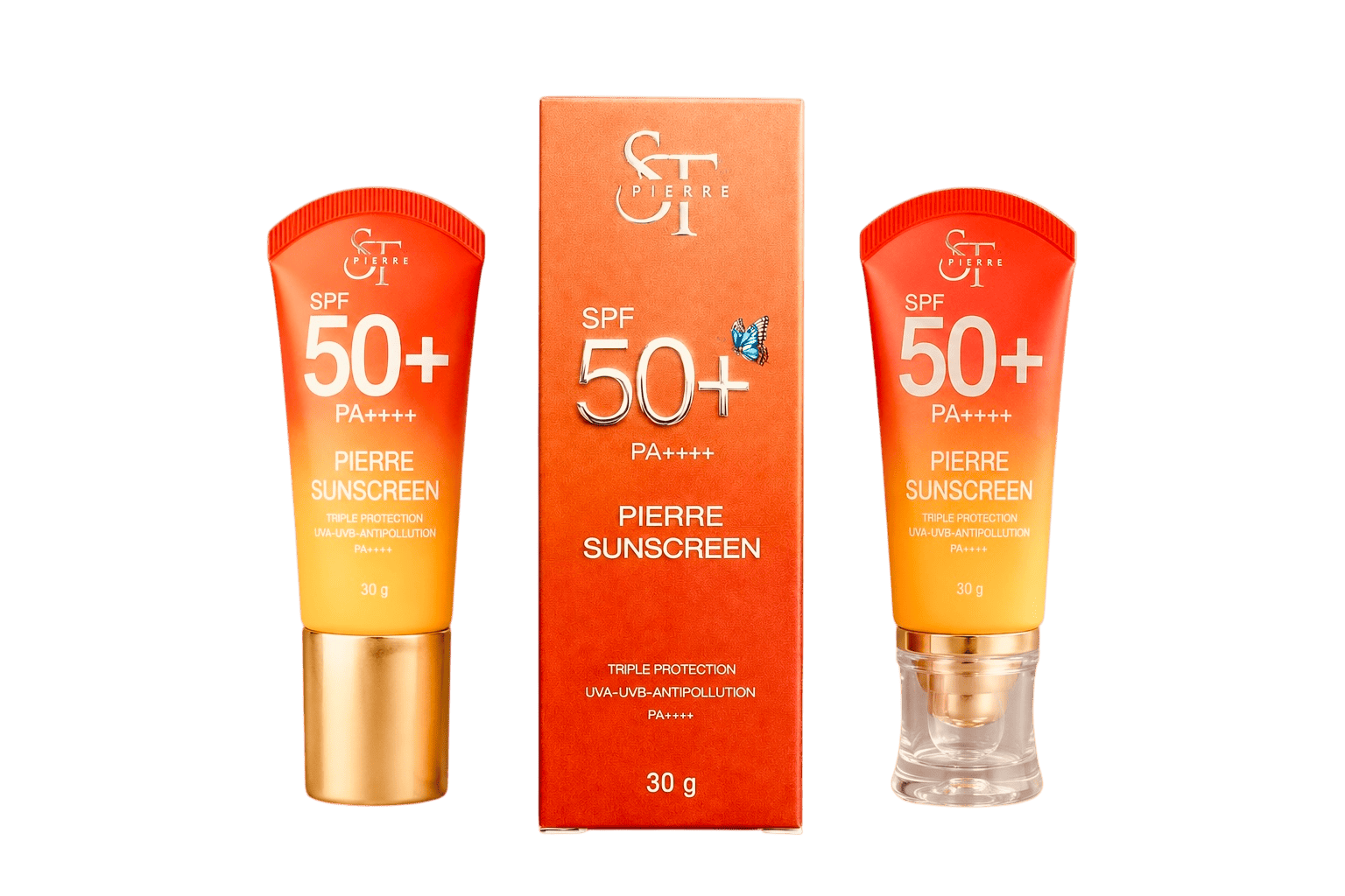 ภาพจัดวางผลิตภัณฑ์ครีมกันแดด Pierre Sunscreen ขนาด 30 กรัม จำนวน 2 หลอด ขนาบข้างกล่องบรรจุภัณฑ์สีส้มตรงกลาง แสดงรายละเอียดฝาสีทอง และฝาครอบใส บนพื้นหลังสีดำ