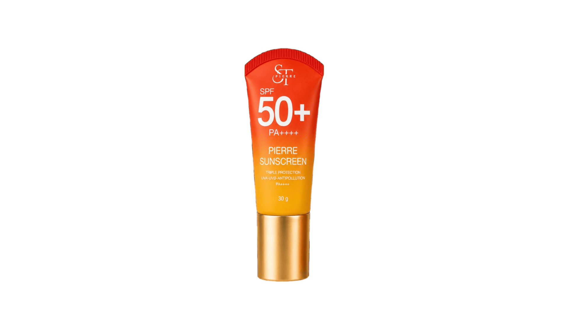 ภาพถ่ายแนวตั้งไดคัทผลิตภัณฑ์ครีมกันแดด Pierre Sunscreen ขนาด 30 กรัม หลอดไล่ระดับสีส้มเหลือง ฝาสีทองสะท้อนเงา บนพื้นหลังสีขาวโปร่งใส